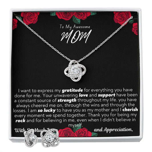 To My Awesome Mom Love Knot Necklace and Earring Set
