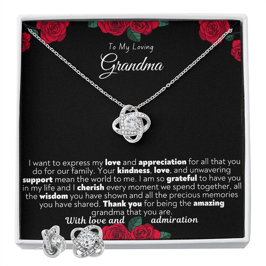 To My Loving Grandma Love Knot Necklace and Earring Set