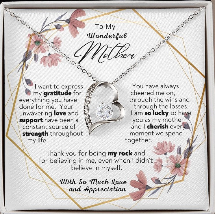To My Wonderful Mother Forever Love White Gold Finish Necklace w/CZ Earrings