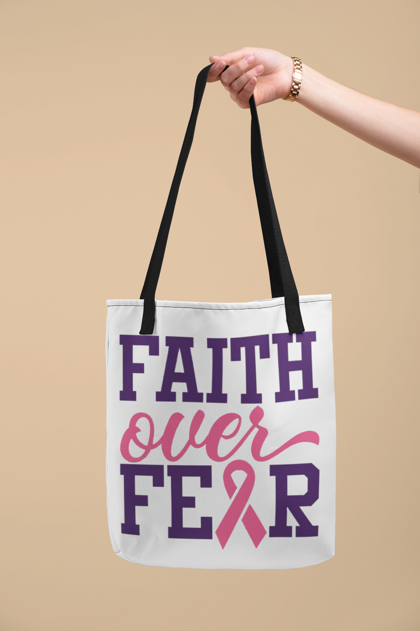 Breast Cancer Faith Over Fear Tote Bag